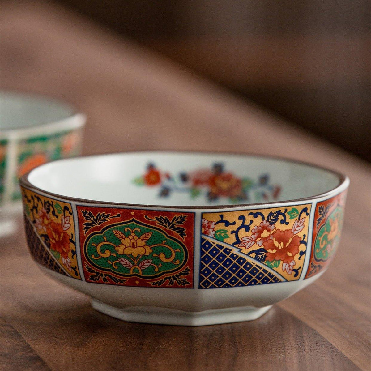 Bowl Set of 5 | Japanese Mino Ware Octagonal Court Brocade Ceramic Bowls