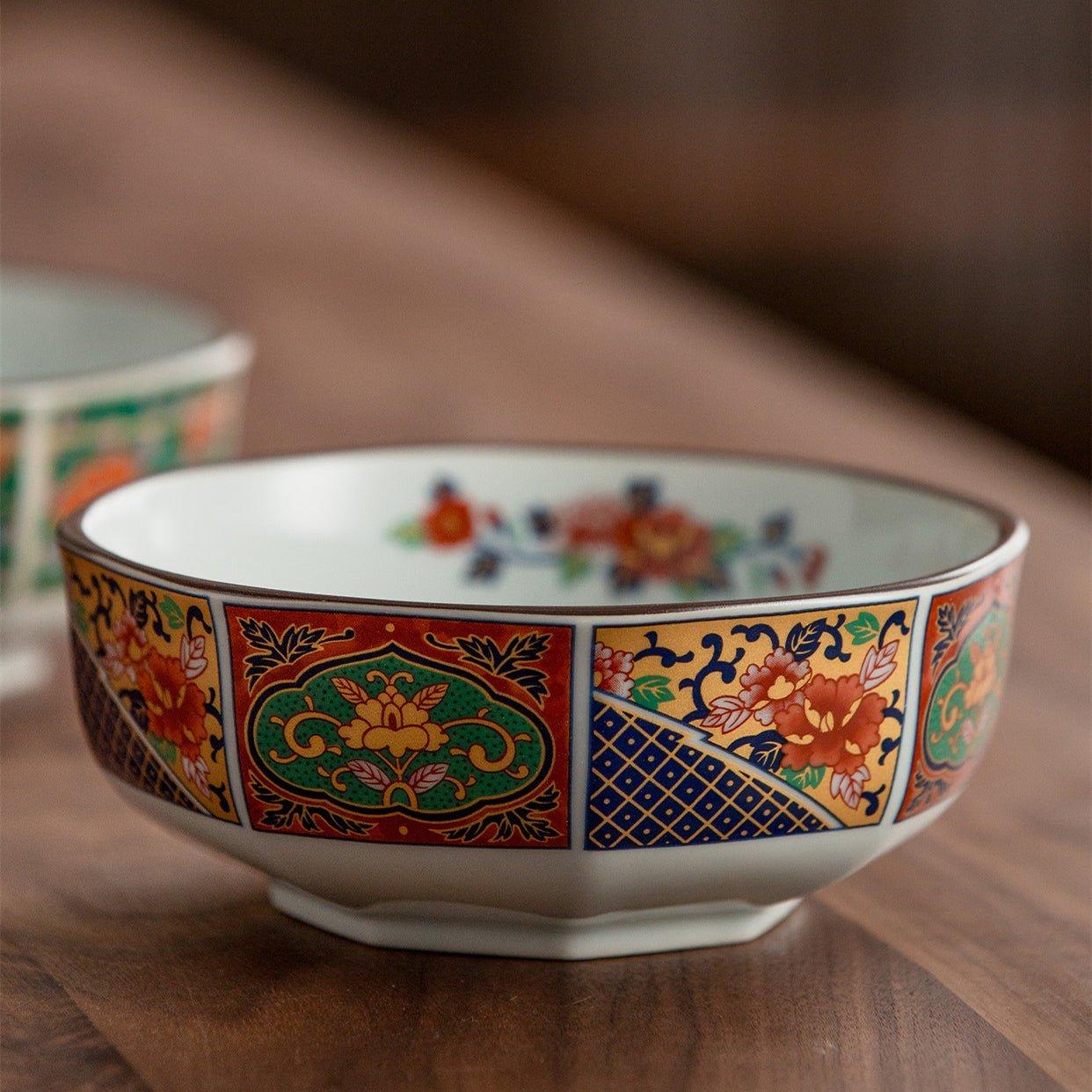 Bowl Set of 5 | Japanese Mino Ware Octagonal Court Brocade Ceramic Bowls