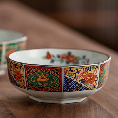 Bowl Set of 5 | Japanese Mino Ware Octagonal Court Brocade Ceramic Bowls