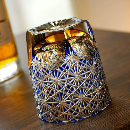 Whiskey Glass Edo Kiriko Blue Amber – Hand-Cut Japanese Tumbler with Wooden Box | Blue Chrysanthemum & Starry Sea