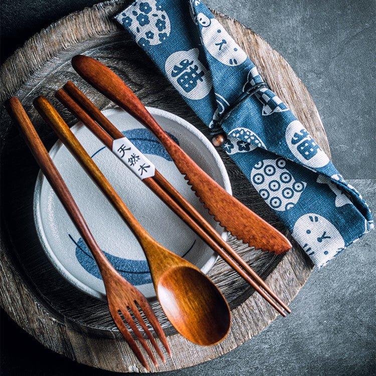 Wooden Utensil Set | Japanese Minimalist Chopsticks Fork Spoon Knife with Fabric Bag