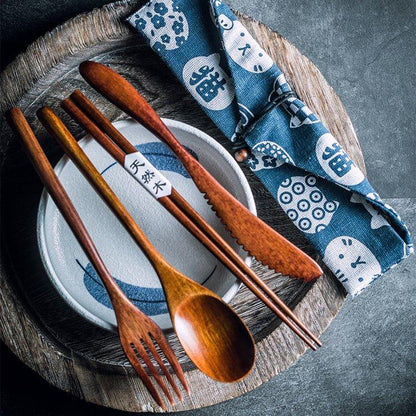Wooden Utensil Set | Japanese Minimalist Chopsticks Fork Spoon Knife with Fabric Bag