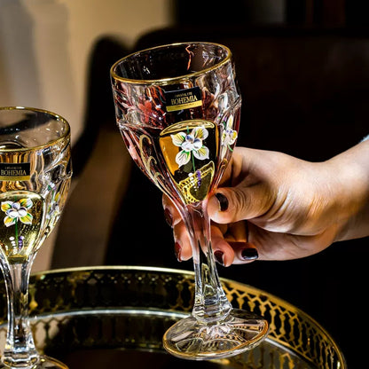 Wine Glass Decanter Set Bohemia Gold Enamel Floral Czech Crystal Wine Glass Decanter High Stem Gift Box