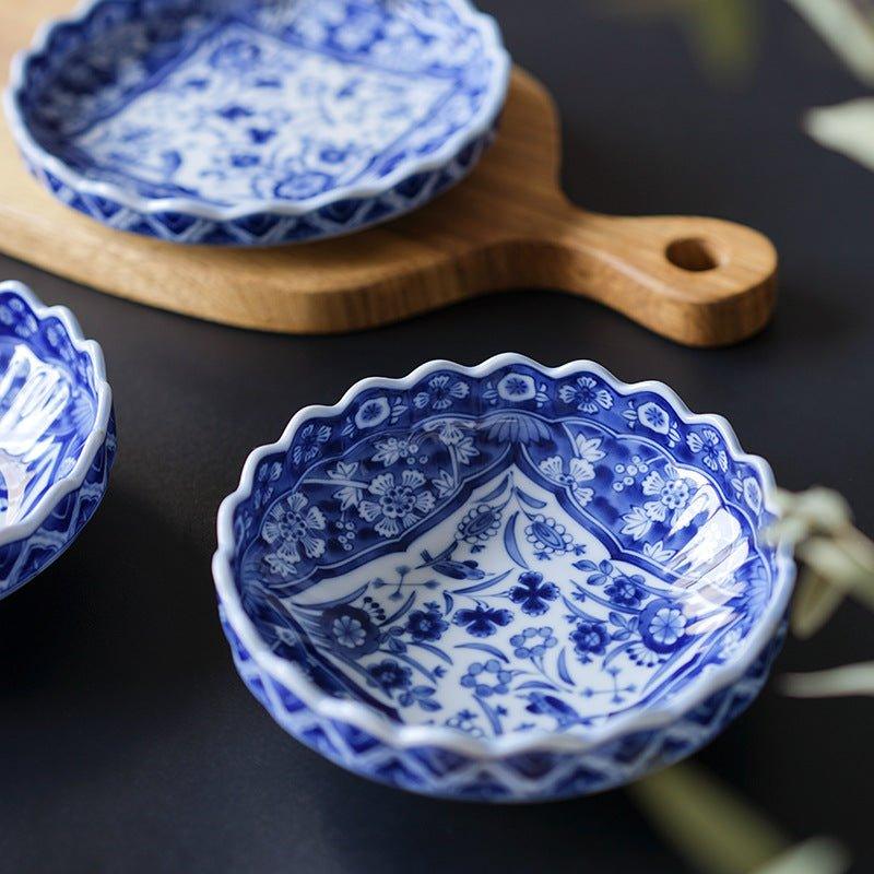 Blue and White Ceramic Bowl and Plate Japanese Handcrafted Traditional Nature Floral Design