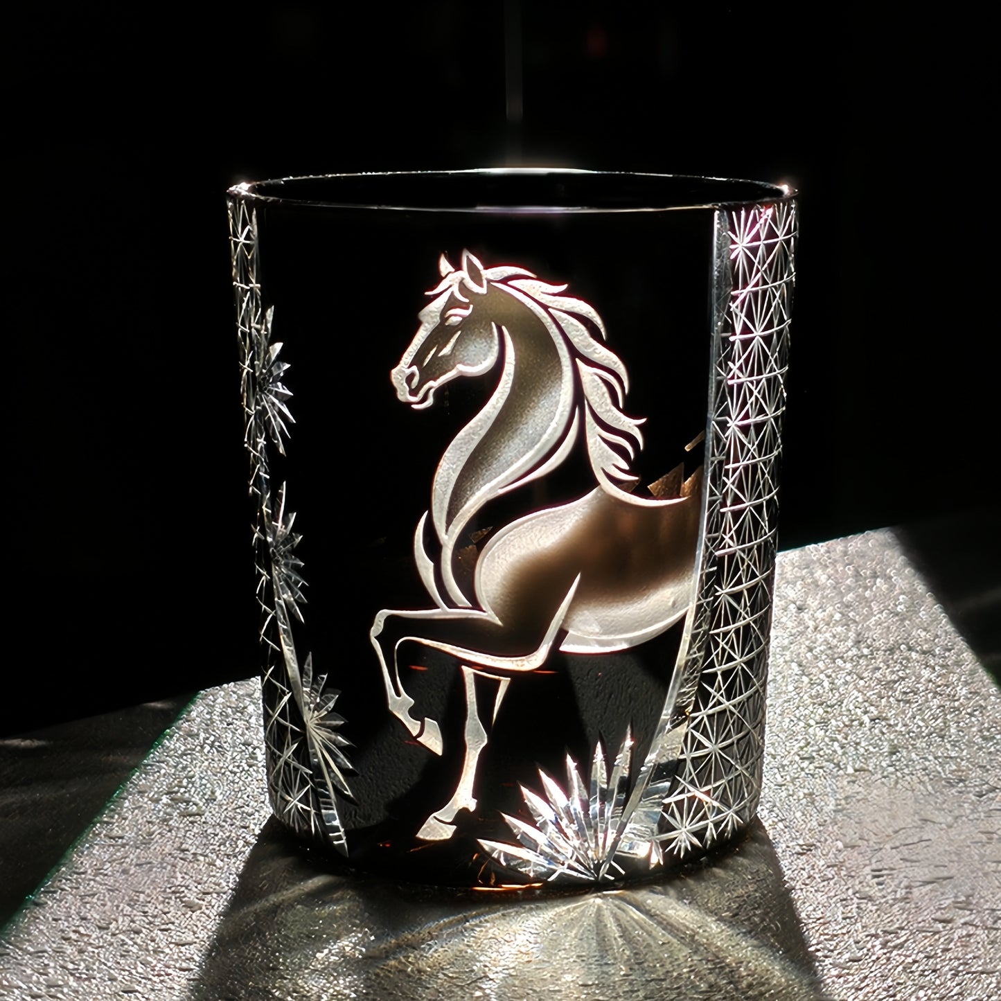 Whiskey Glass Meiba Horse | Edo Kiriko Handcrafted Crystal Glass Blue & Black