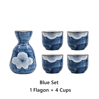 Japanese Sake Set – Sakura Ceramic 1 Flagon 4 Cups Blue Black