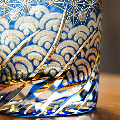 Whiskey Glass Edo Kiriko Blue Amber – Hand-Cut Japanese Tumbler with Wooden Box | Blue Chrysanthemum & Starry Sea