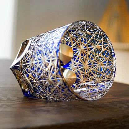 Whiskey Glass Edo Kiriko Blue Amber – Hand-Cut Japanese Tumbler with Wooden Box | Blue Chrysanthemum & Starry Sea