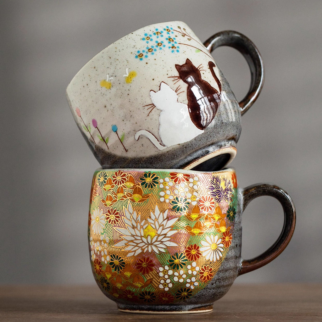Japanese Ceramic Mug – Kutaniyaki Gold Floral or Cat Night