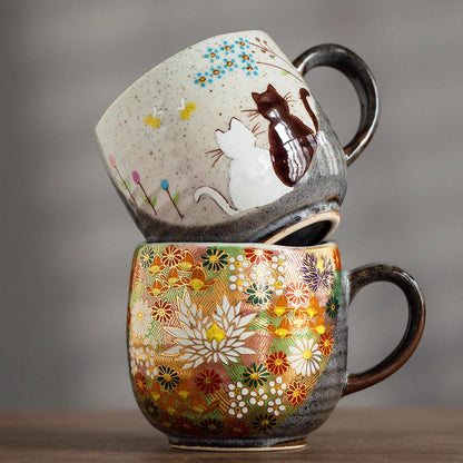 Japanese Ceramic Mug – Kutaniyaki Gold Floral or Cat Night