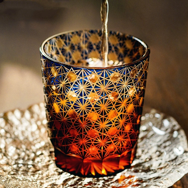 Whiskey Glass Edo Kiriko Star Chrysanthemum – Hand-Cut Japanese Tumbler with Wooden Box | Blue Amber & Red Amber