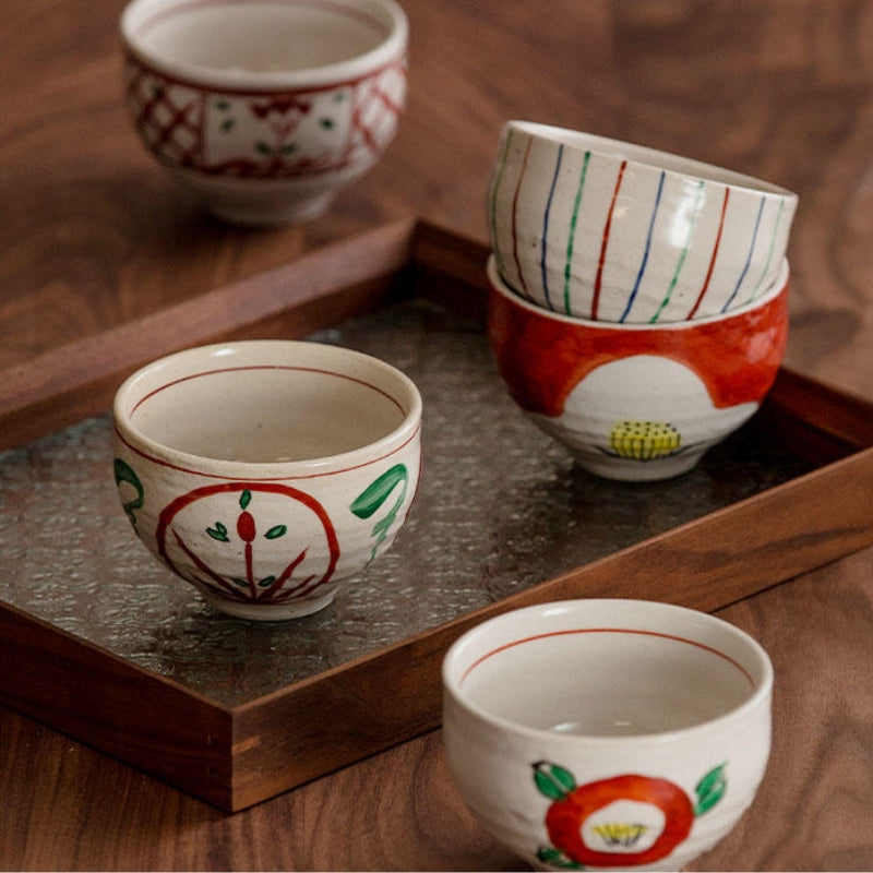 Japanese Bowl Set of 5 – Kutaniyaki Akae Camellia Wooden Box