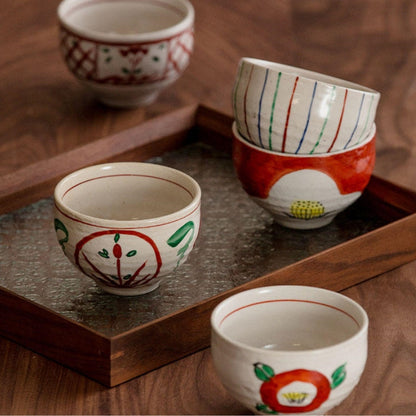 Japanese Bowl Set of 5 – Kutaniyaki Akae Camellia Wooden Box