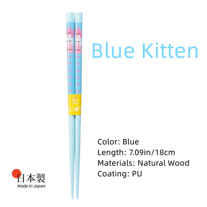 Kids Chopsticks Wooden Japanese Handcrafted Cartoon Kitten Frog Design Children Beginner Chopsticks