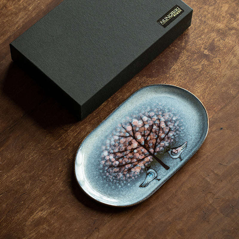 Ceramic Oval Platter – Nunobiki Ware Twin Sparrow Handcrafted