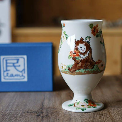 Japanese Ceramic Tall Cup – Hand-Painted Animal Artist Signed