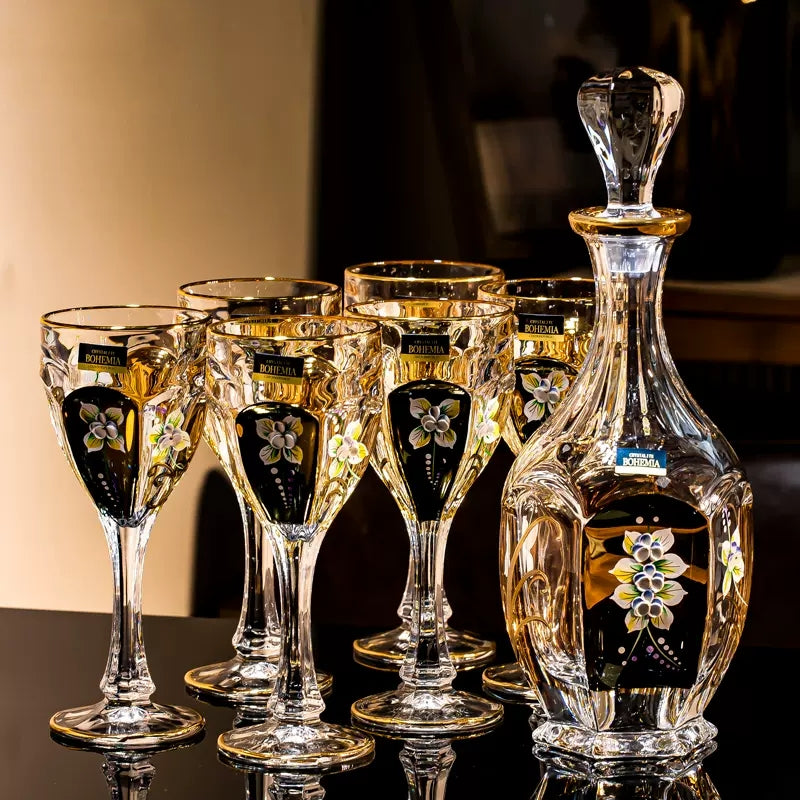 Wine Glass Decanter Set Bohemia Gold Enamel Floral Czech Crystal Wine Glass Decanter High Stem Gift Box