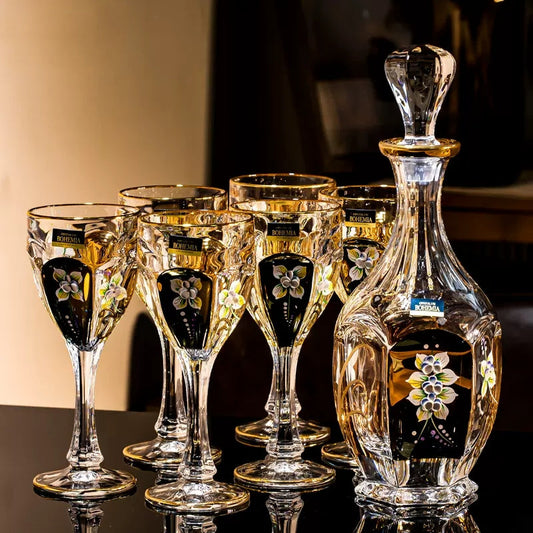 Wine Glass Decanter Set Bohemia Gold Enamel Floral Czech Crystal Wine Glass Decanter High Stem Gift Box