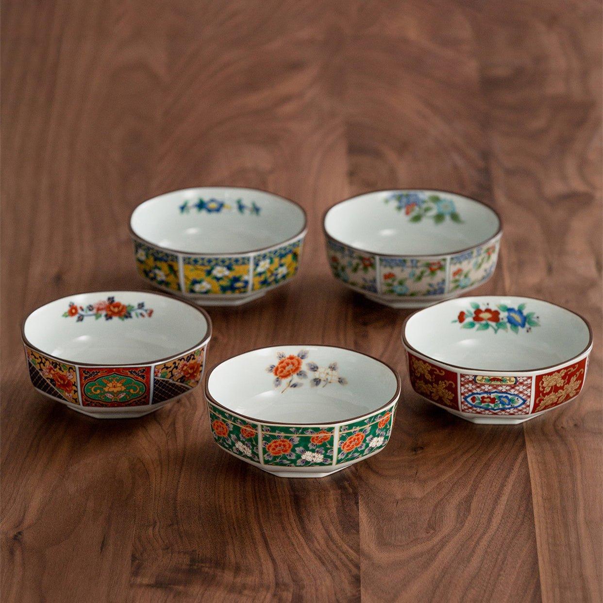 Bowl Set of 5 | Japanese Mino Ware Octagonal Court Brocade Ceramic Bowls