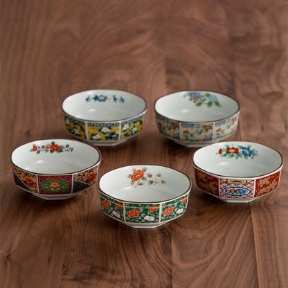 Bowl Set of 5 | Japanese Mino Ware Octagonal Court Brocade Ceramic Bowls
