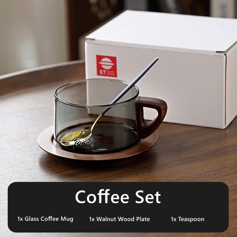Glass Coffee Mug | Wood Handle Clear Glass Cup & Walnut Tray Set