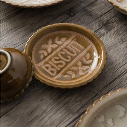 Ceramic Tableware Japanese Butter Biscuit Embossed Plate Bowl Set