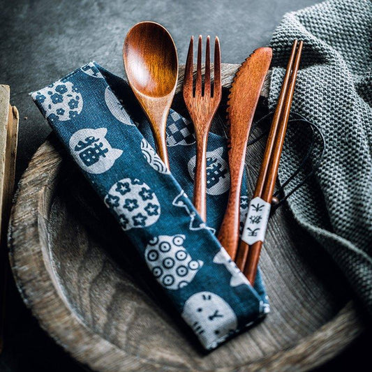 Wooden Utensil Set | Japanese Minimalist Chopsticks Fork Spoon Knife with Fabric Bag