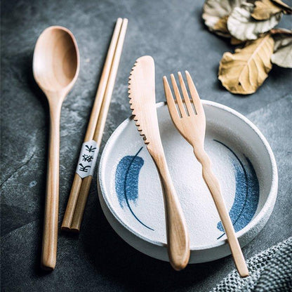 Wooden Utensil Set | Japanese Minimalist Chopsticks Fork Spoon Knife with Fabric Bag