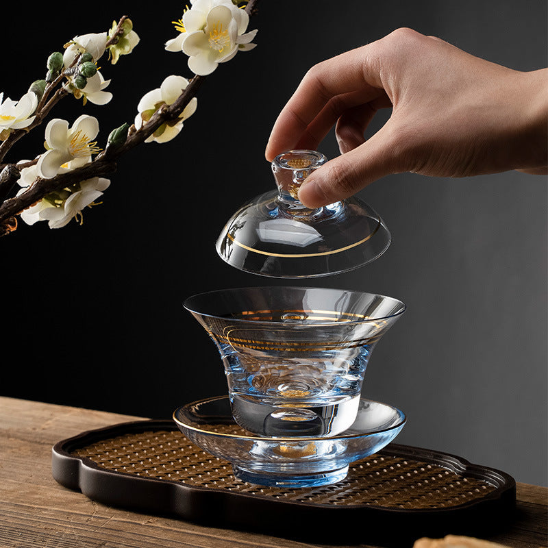 Tea Cups Set of 2 Gold Leaf Borosilicate Glass Gongfu Teacup