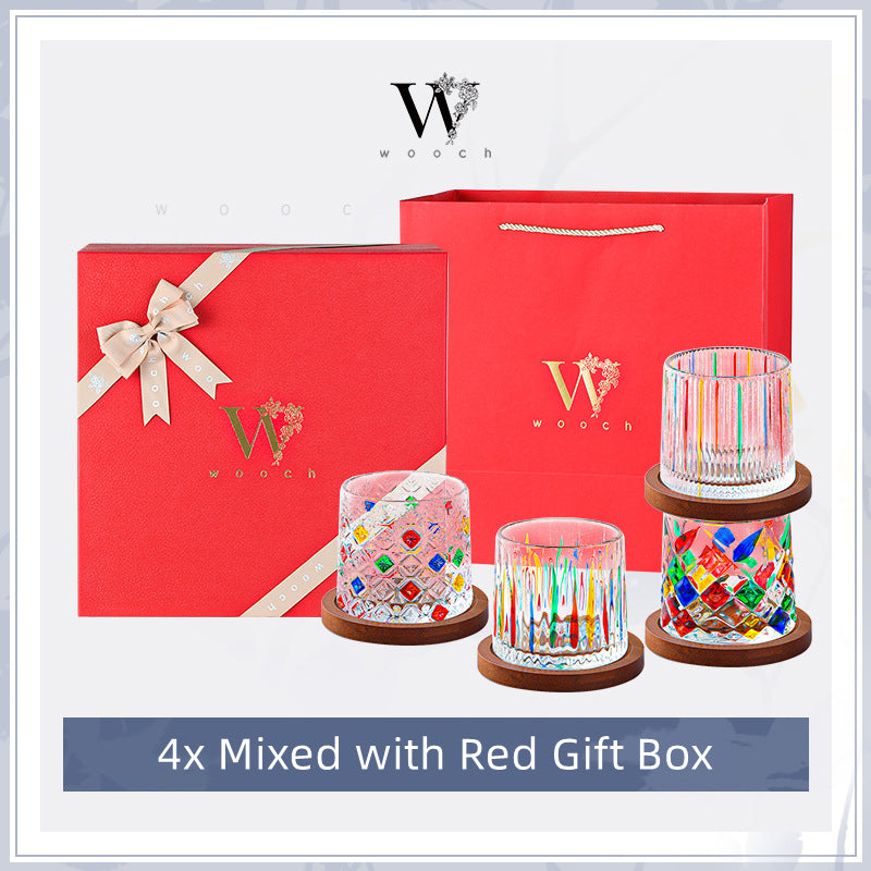 Whiskey Glass Rotating Stained Crystal | Wooden Base Gift Set