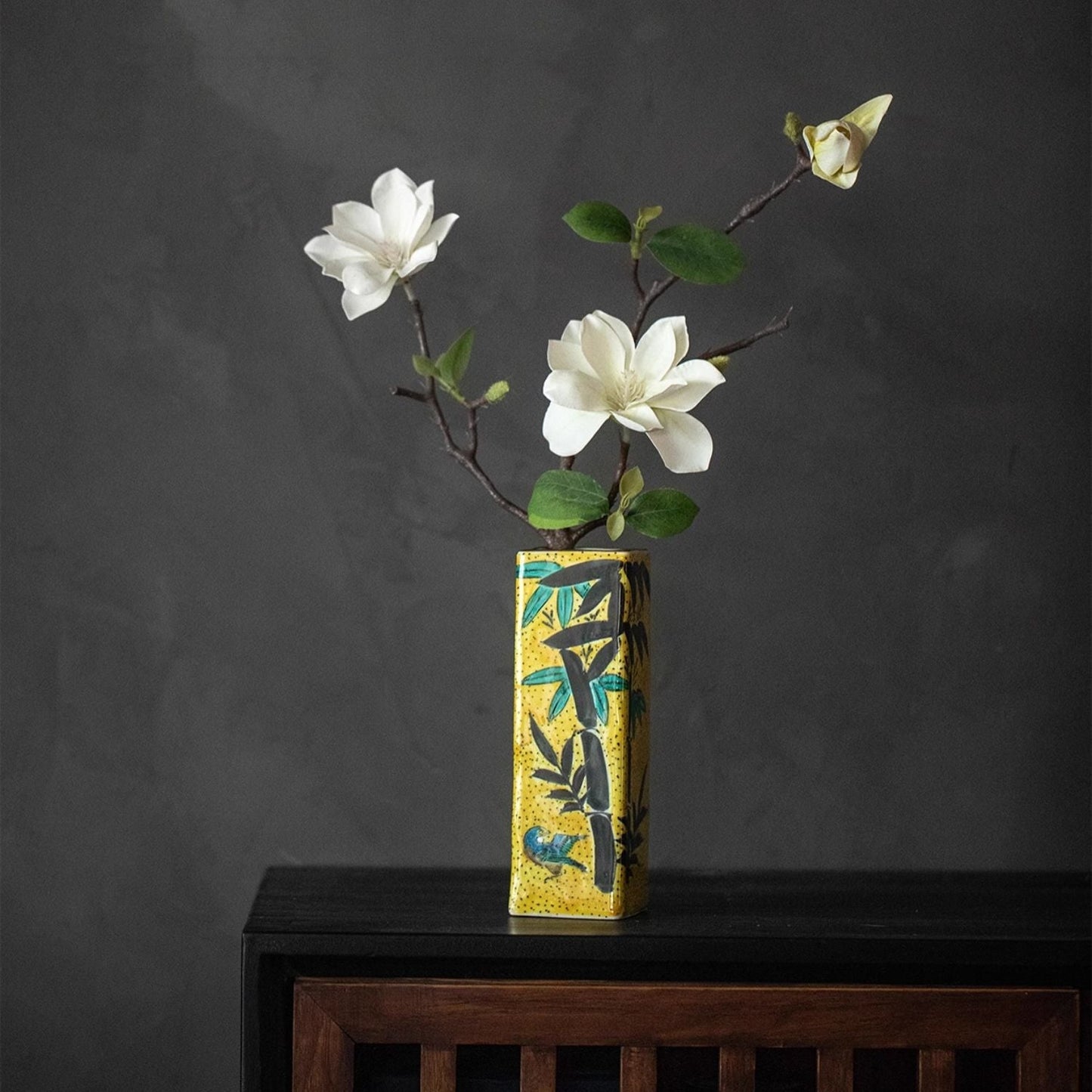 Japanese Ceramic Vase – Kutaniyaki Bamboo Sparrow Gold Glaze