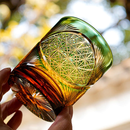 Whiskey Glass Edo Kiriko Crane Feather – Hand-Cut Japanese Tumbler with Wooden Box | 5 Amber Colors