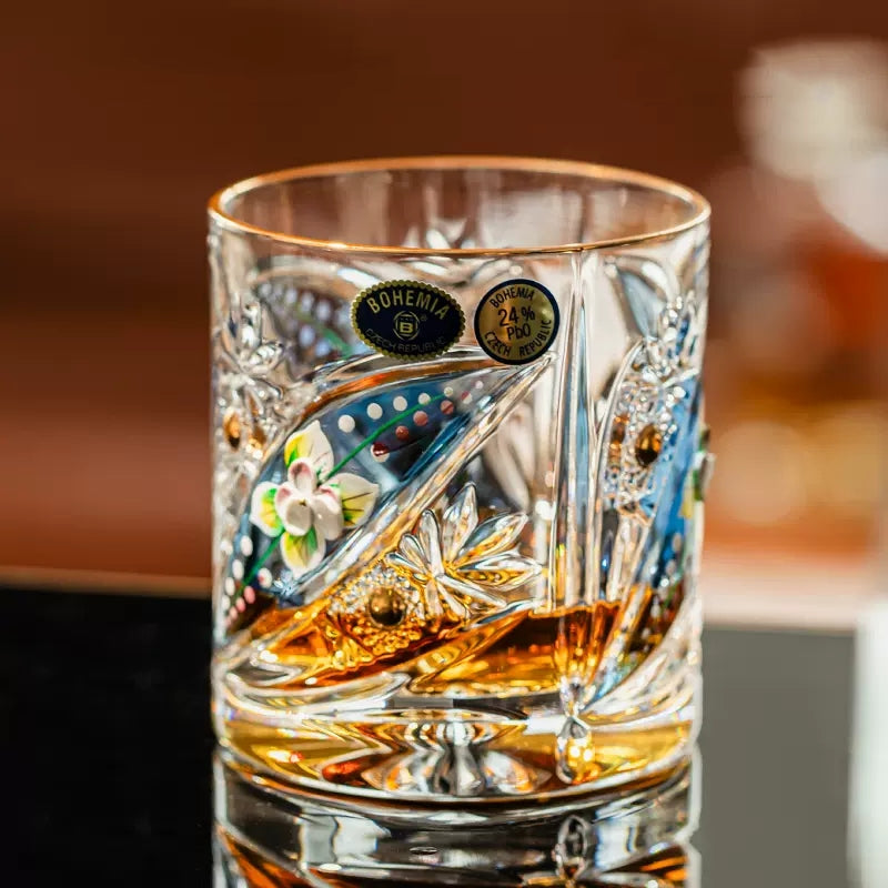 Whisky Glasses Bohemia Floral Enamel Crystal Hand-Painted Gold Gilt Czech Crystal Whisky Glass Gift Set of 2