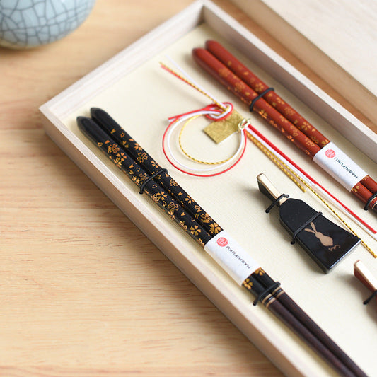 Wooden Chopsticks Gift Set Golden Sakura Japanese Handcrafted Wedding Gift with Chopstick Rests