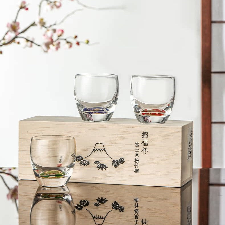 Sake Cup Set Japanese Gold Mt. Fuji Glass – Shochikubai 3pc