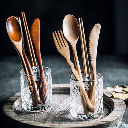 Wooden Utensil Set | Japanese Minimalist Chopsticks Fork Spoon Knife with Fabric Bag