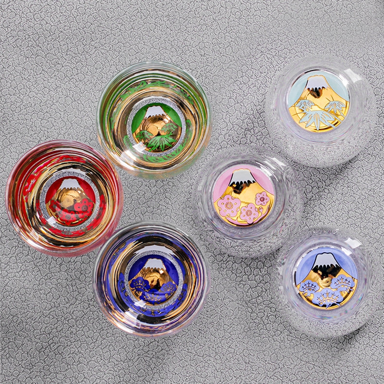 Sake Cup Set Japanese Gold Mt. Fuji Glass – Shochikubai 3pc