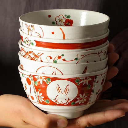 Japanese Ceramic Bowl Set of 5 – Mino Ware Rabbit Design