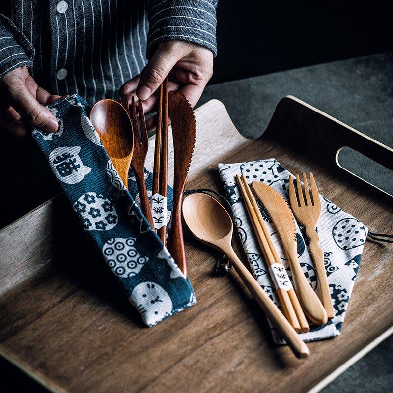 Wooden Utensil Set | Japanese Minimalist Chopsticks Fork Spoon Knife with Fabric Bag