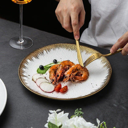 Ceramic Round Dinner Plate – Matte Black White Gold Rim