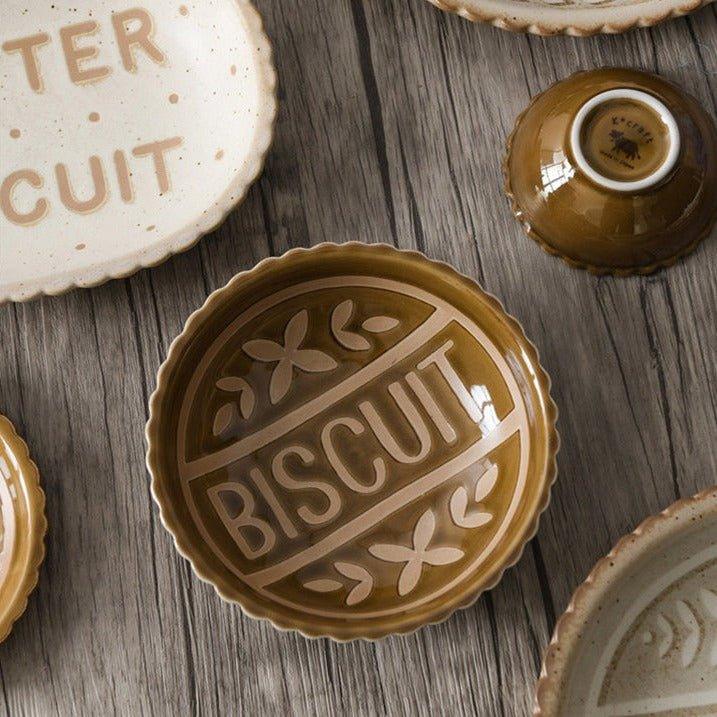 Ceramic Tableware Japanese Butter Biscuit Embossed Plate Bowl Set
