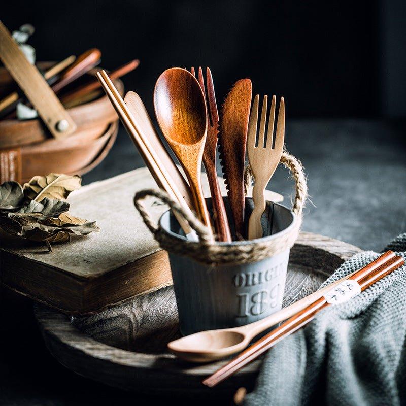 Wooden Utensil Set | Japanese Minimalist Chopsticks Fork Spoon Knife with Fabric Bag