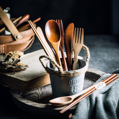 Wooden Utensil Set | Japanese Minimalist Chopsticks Fork Spoon Knife with Fabric Bag