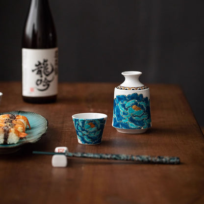 Japanese Sake Set – Kutaniyaki Gold Foil Blue Peony Artist Signed