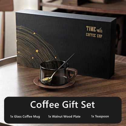 Glass Coffee Mug | Wood Handle Clear Glass Cup & Walnut Tray Set