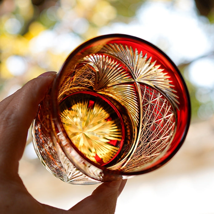 Whiskey Glass Edo Kiriko Crane Feather – Hand-Cut Japanese Tumbler with Wooden Box | 5 Amber Colors