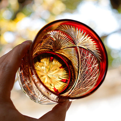 Whiskey Glass Edo Kiriko Crane Feather – Hand-Cut Japanese Tumbler with Wooden Box | 5 Amber Colors