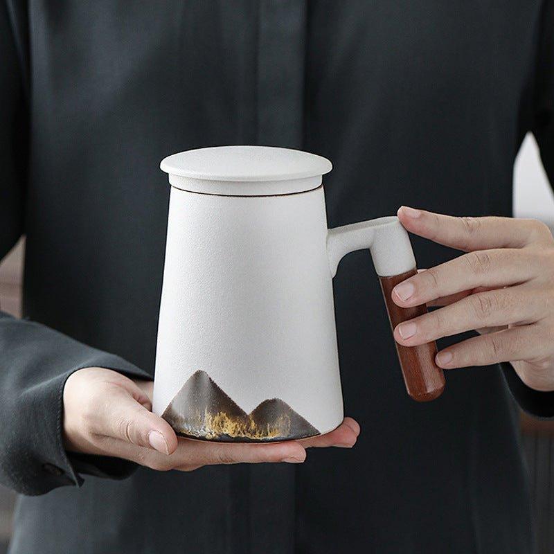 Ceramic Tea Cup with Filter – Mountain Design Large Capacity