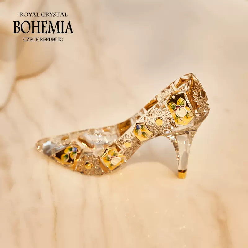 Crystal Slipper Ornament Bohemia Enchanted Cinderella Gold Enamel Floral Czech Crystal Glass Shoe Collectible Gift