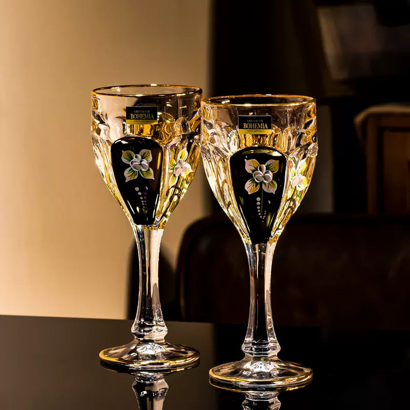 Wine Glass Decanter Set Bohemia Gold Enamel Floral Czech Crystal Wine Glass Decanter High Stem Gift Box